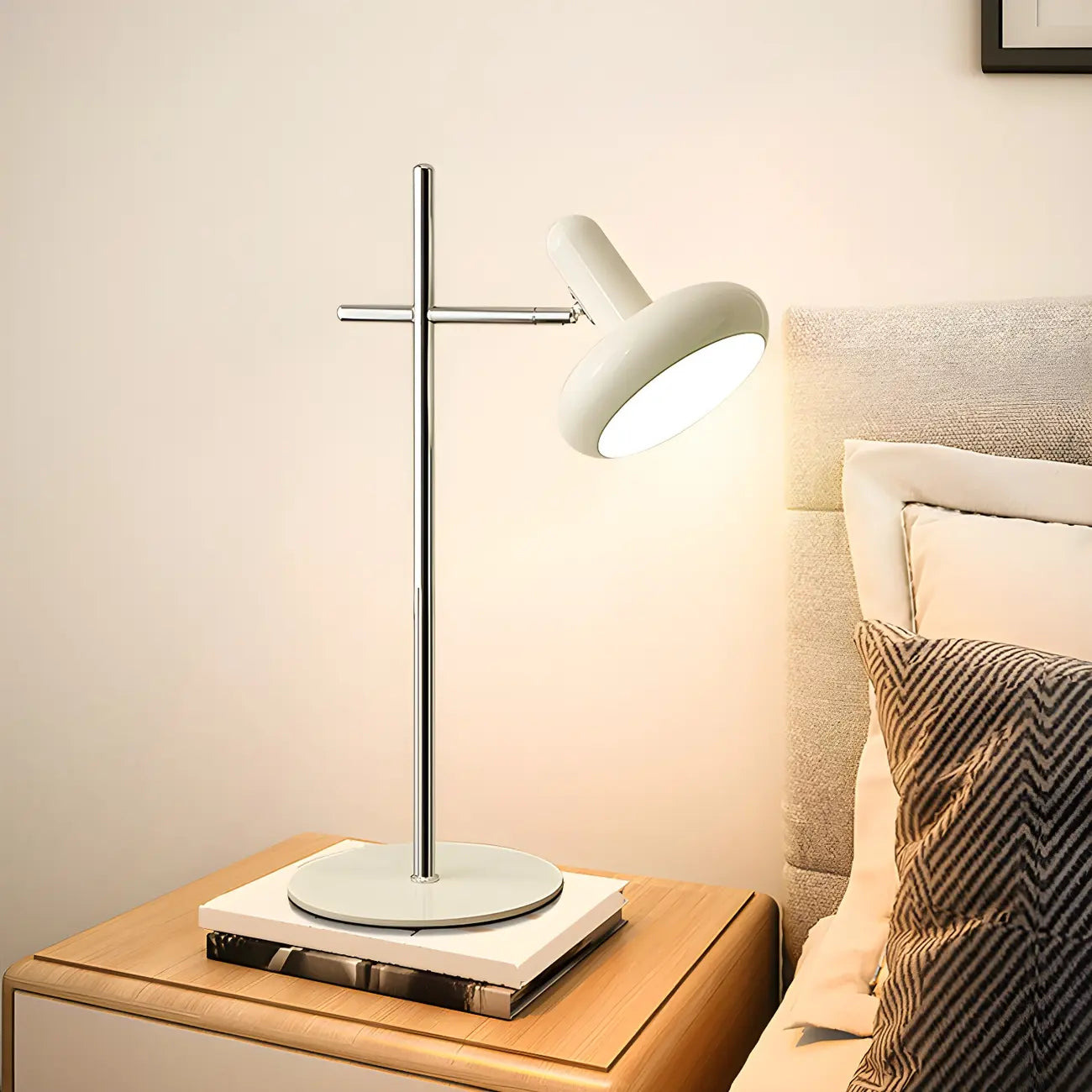 Lampe de table minimaliste géométrique en métal blanc cassé pour chambre à coucher