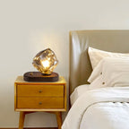 Lampe de table élégante en bois et verre avec pied en verre, à brancher, pour chambre à coucher