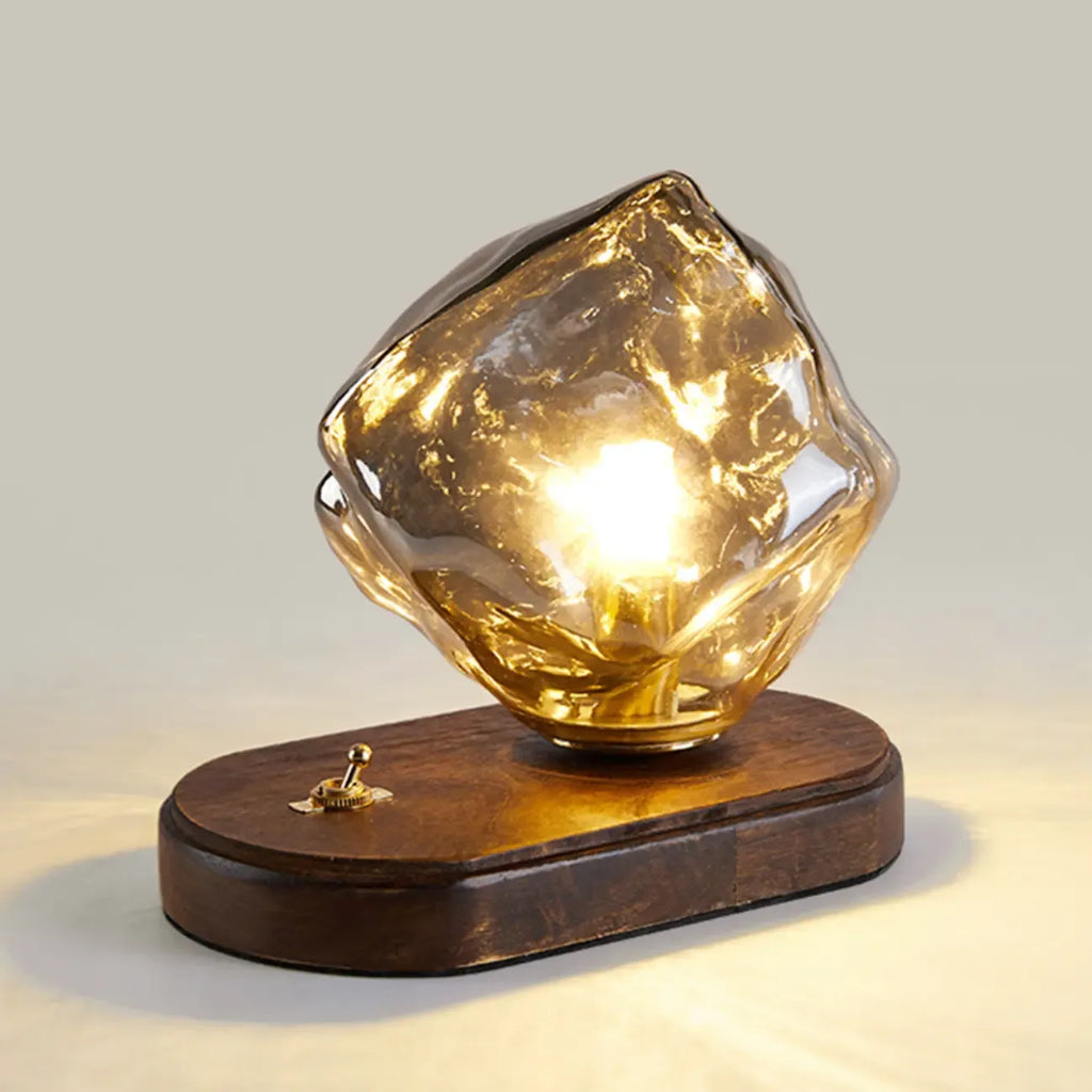 Lampe de table élégante en bois et verre avec pied en verre, à brancher, pour chambre à coucher