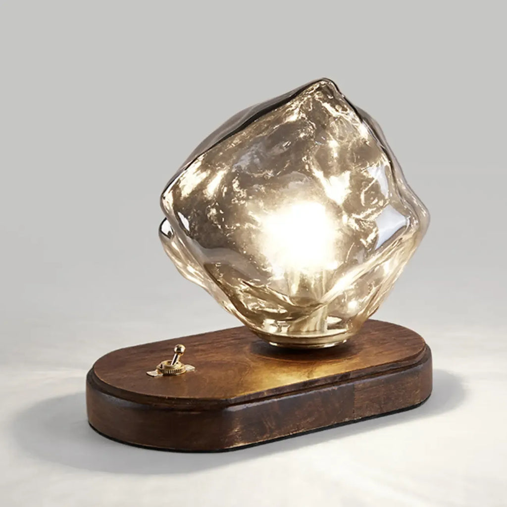 Lampe de table élégante en bois et verre avec pied en verre, à brancher, pour chambre à coucher