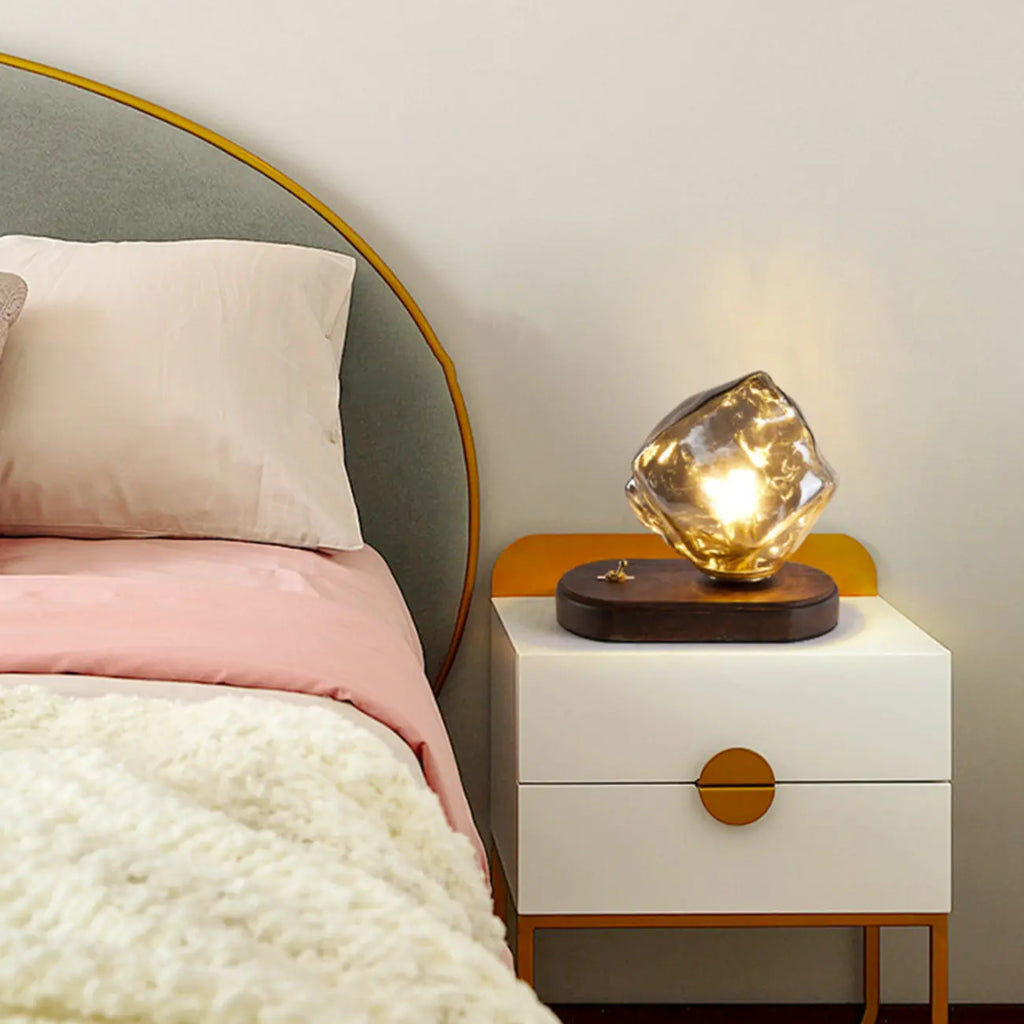 Lampe de table élégante en bois et verre avec pied en verre, à brancher, pour chambre à coucher