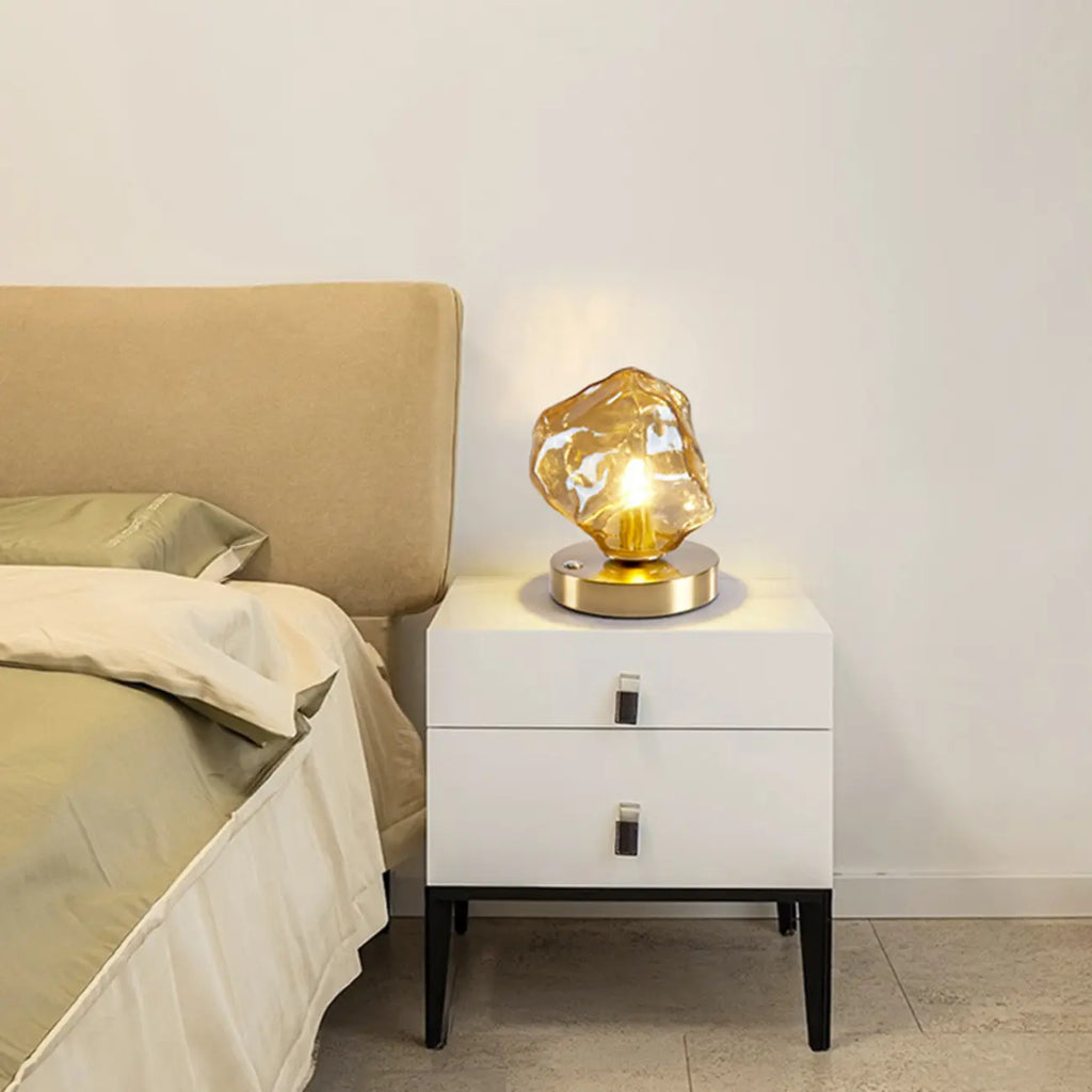 Lampe de table élégante en bois et verre avec pied en verre, à brancher, pour chambre à coucher