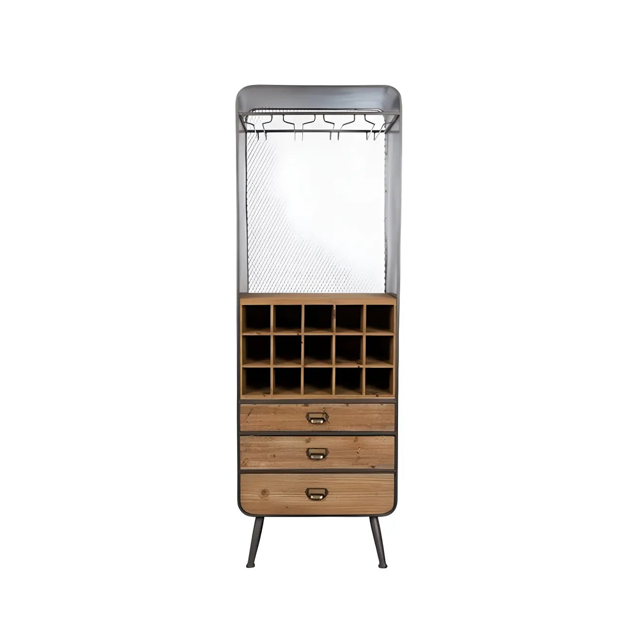 Vitrine industrielle en bois brun avec rangement pour vin
