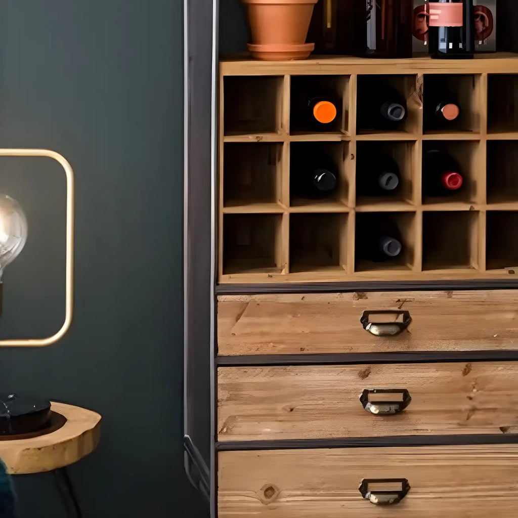 Vitrine industrielle en bois brun avec rangement pour vin