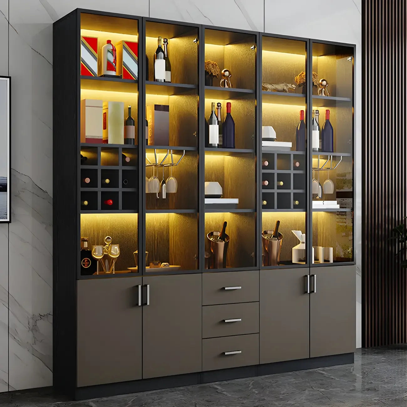 Grande vitrine à vin avec portes vitrées et bois noir