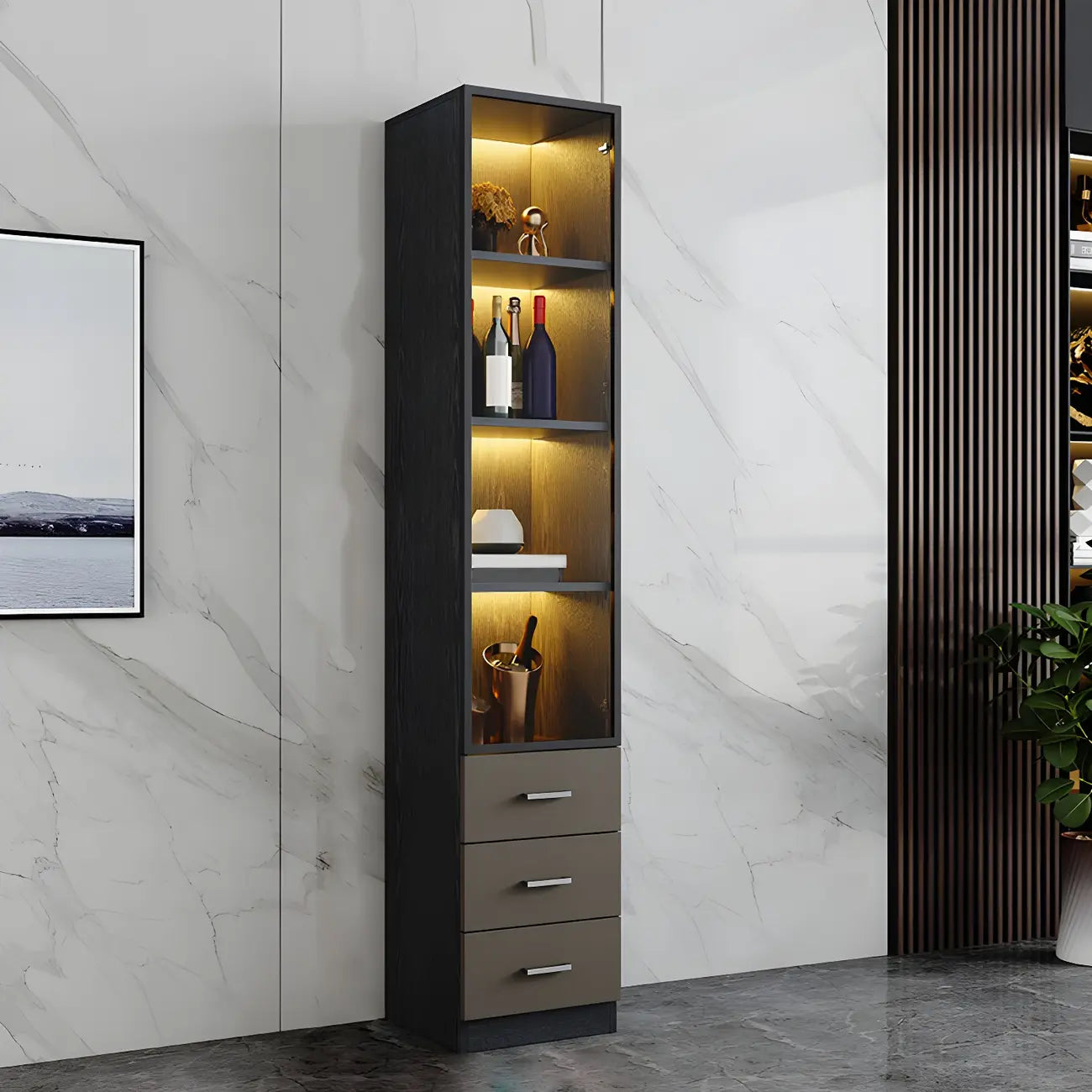 Grande vitrine à vin avec portes vitrées et bois noir