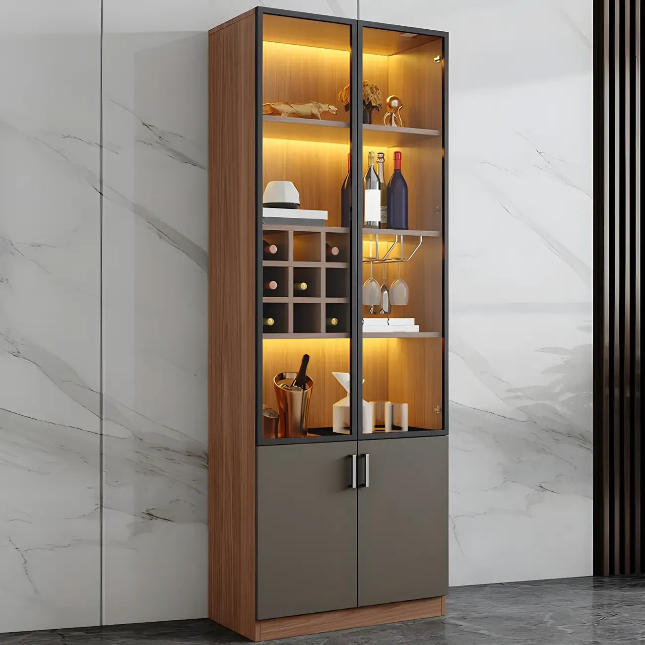 Grande vitrine à vin avec portes vitrées et bois noir