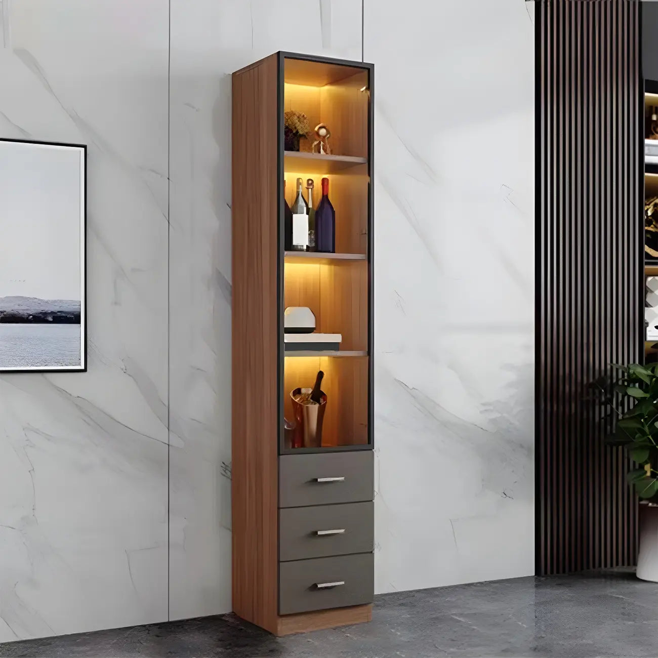 Grande vitrine à vin avec portes vitrées et bois noir