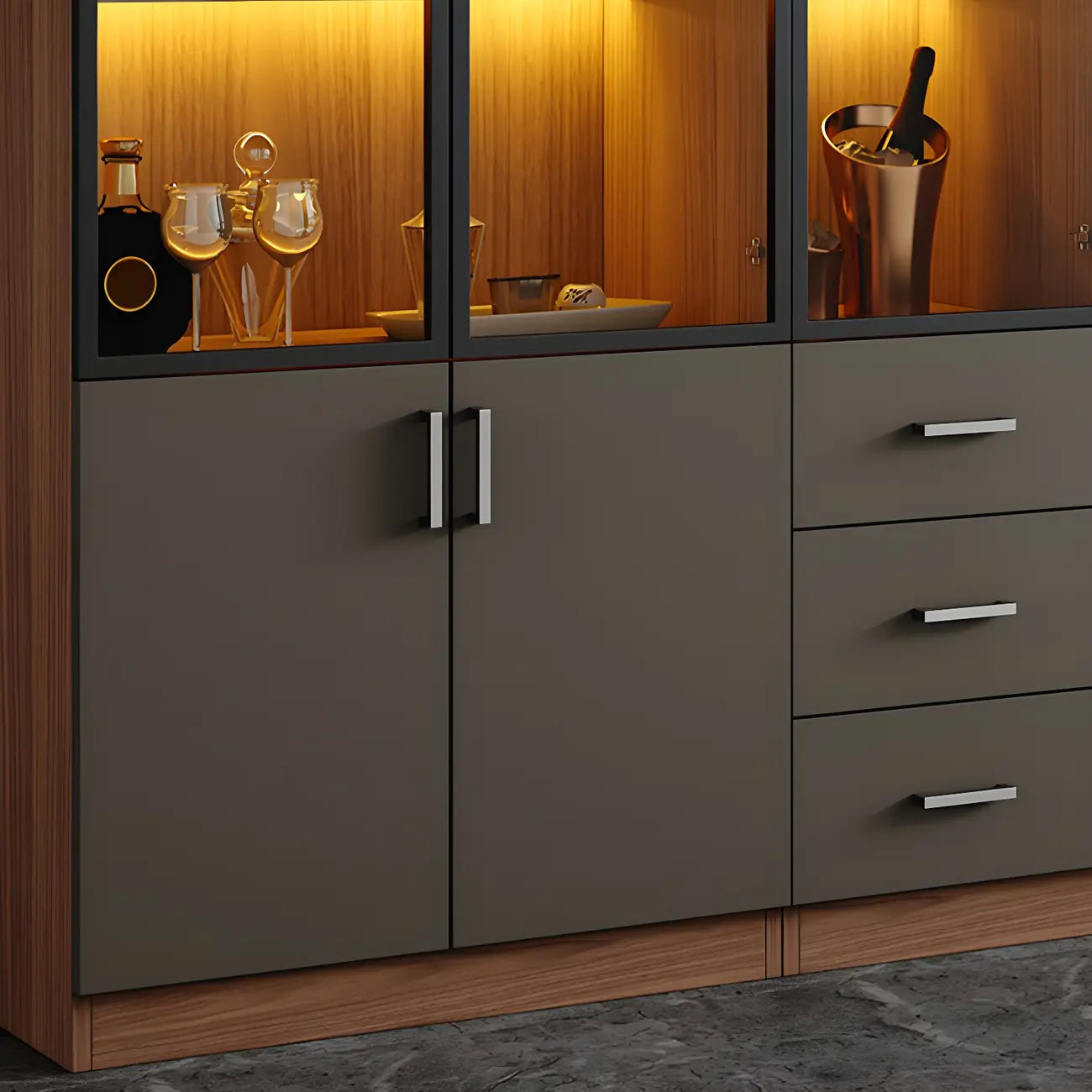 Grande vitrine à vin avec portes vitrées et bois noir