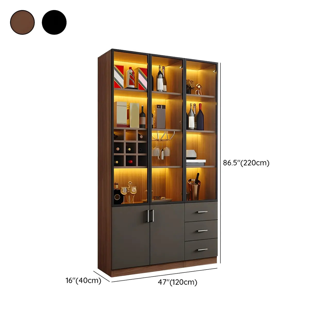 Grande vitrine à vin avec portes vitrées et bois noir