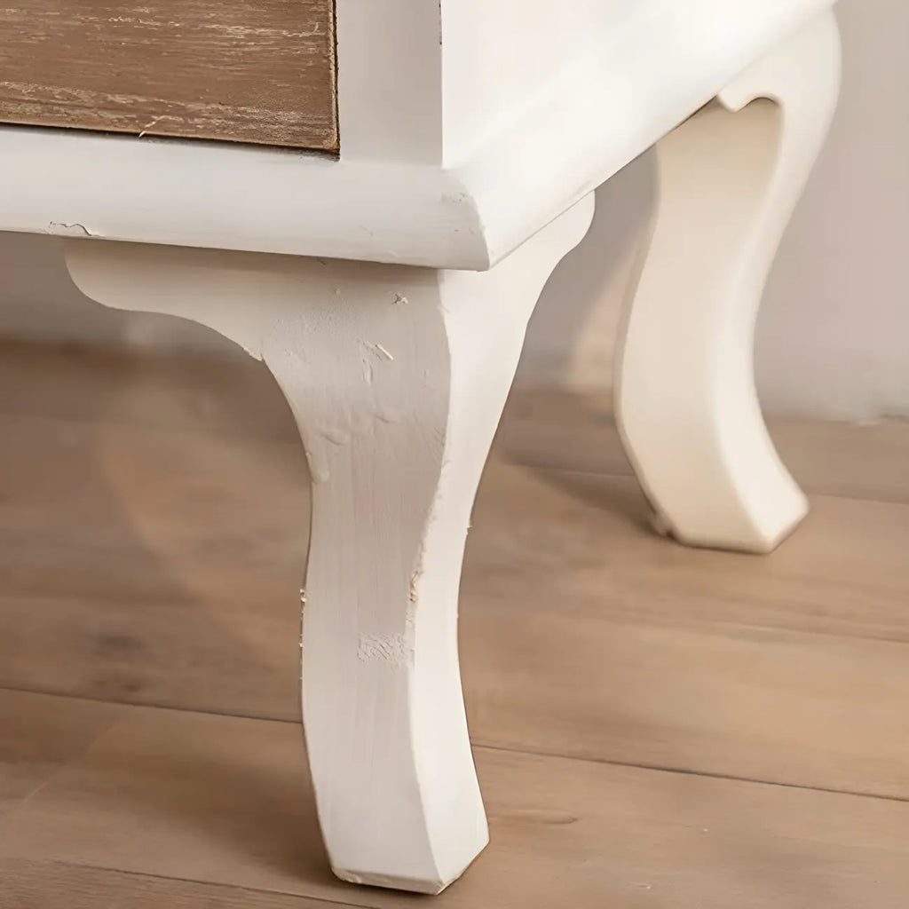 Vetrina ad arco in legno chiaro con ante in vetro e cassetti
