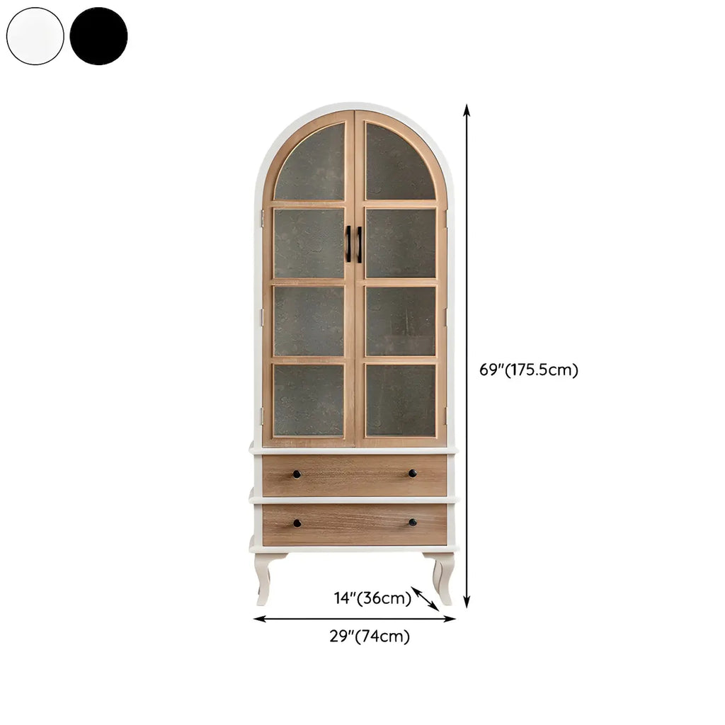 Vetrina ad arco in legno chiaro con ante in vetro e cassetti