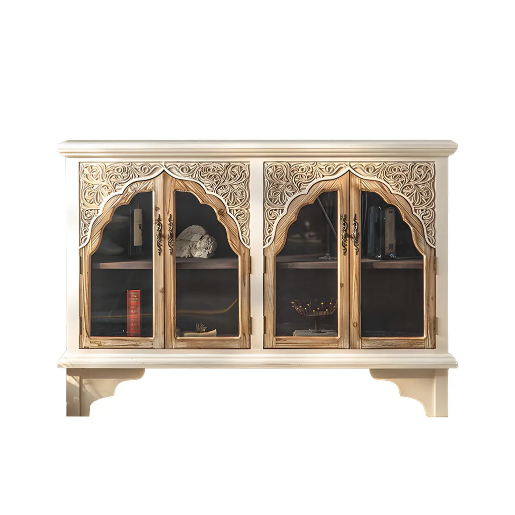 Élégant vaisselier en bois blanc avec portes vitrées cintrées.