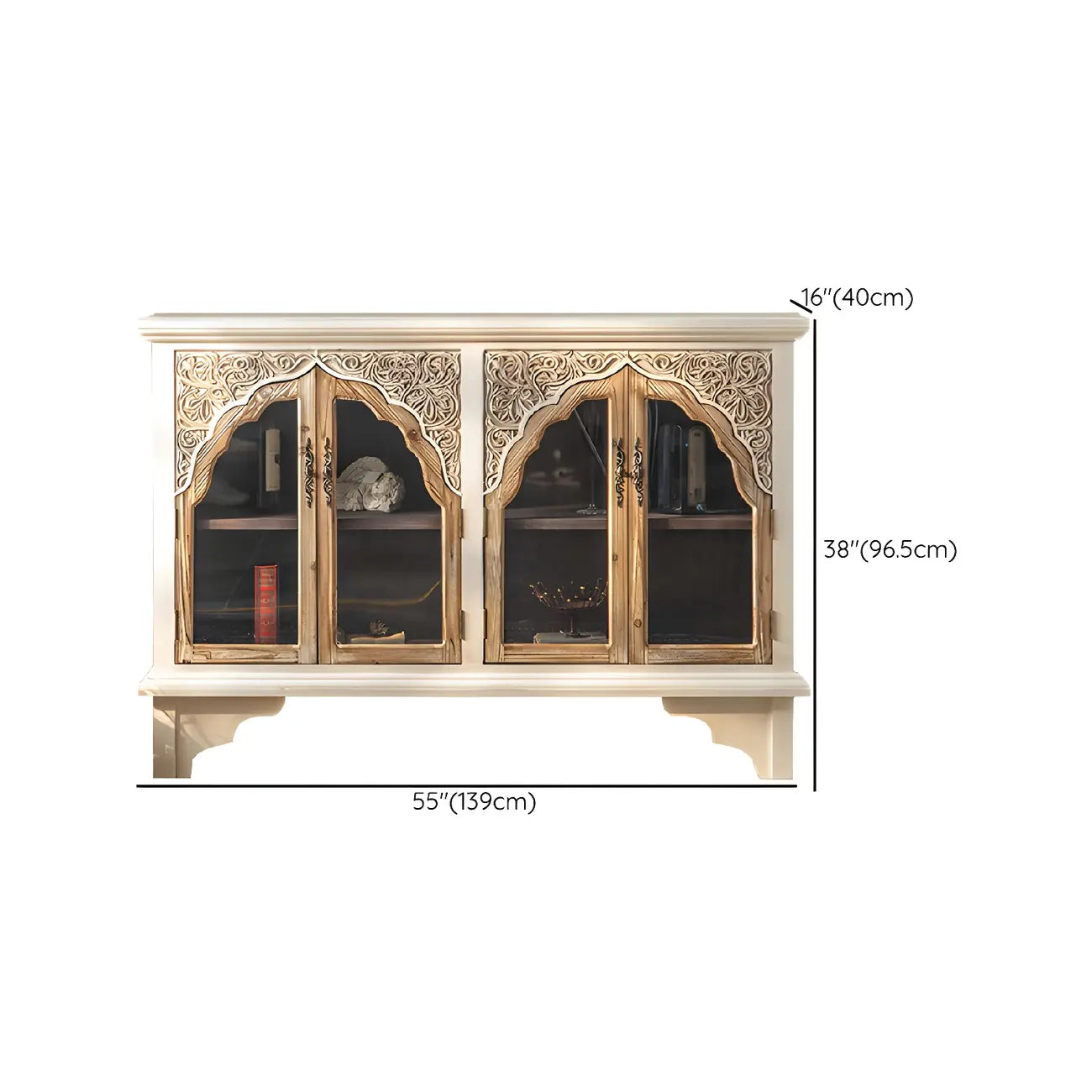 Élégant vaisselier en bois blanc avec portes vitrées cintrées.