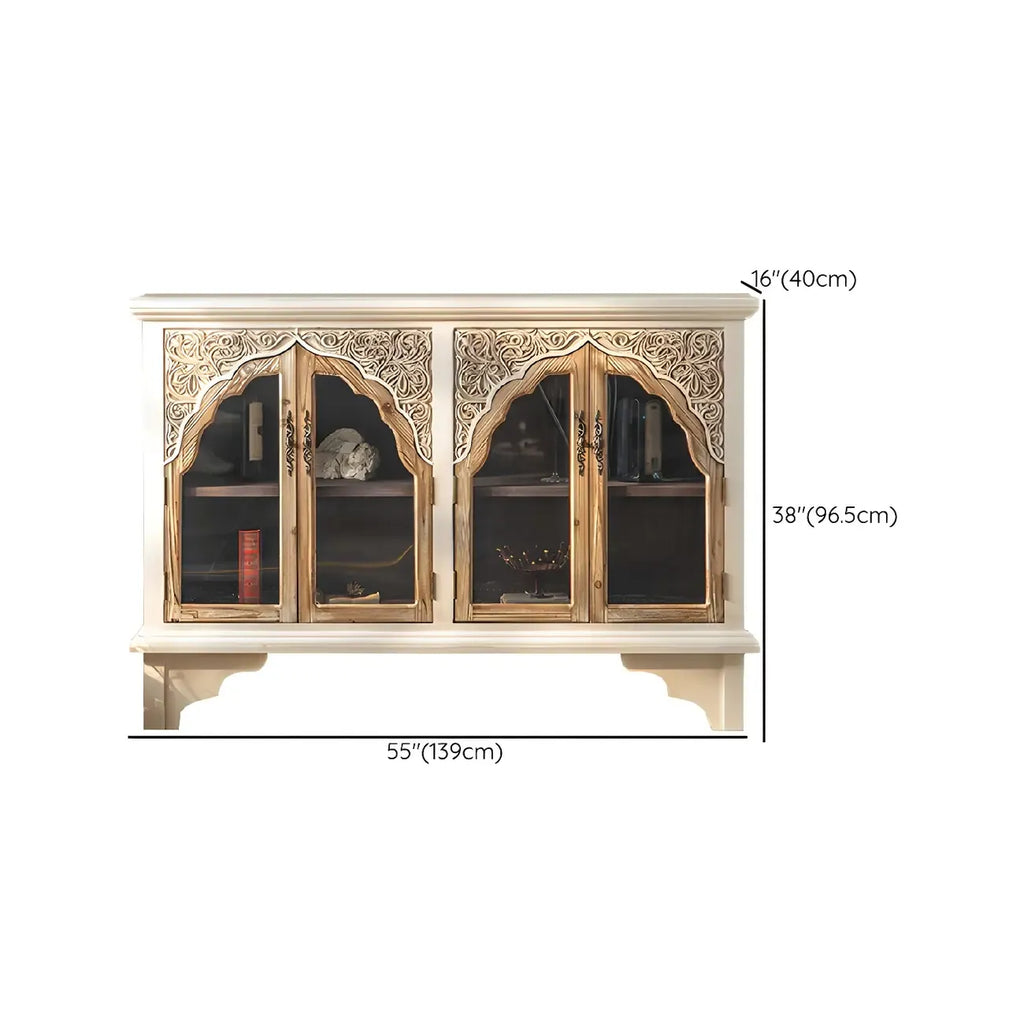 Élégant vaisselier en bois blanc avec portes vitrées cintrées.