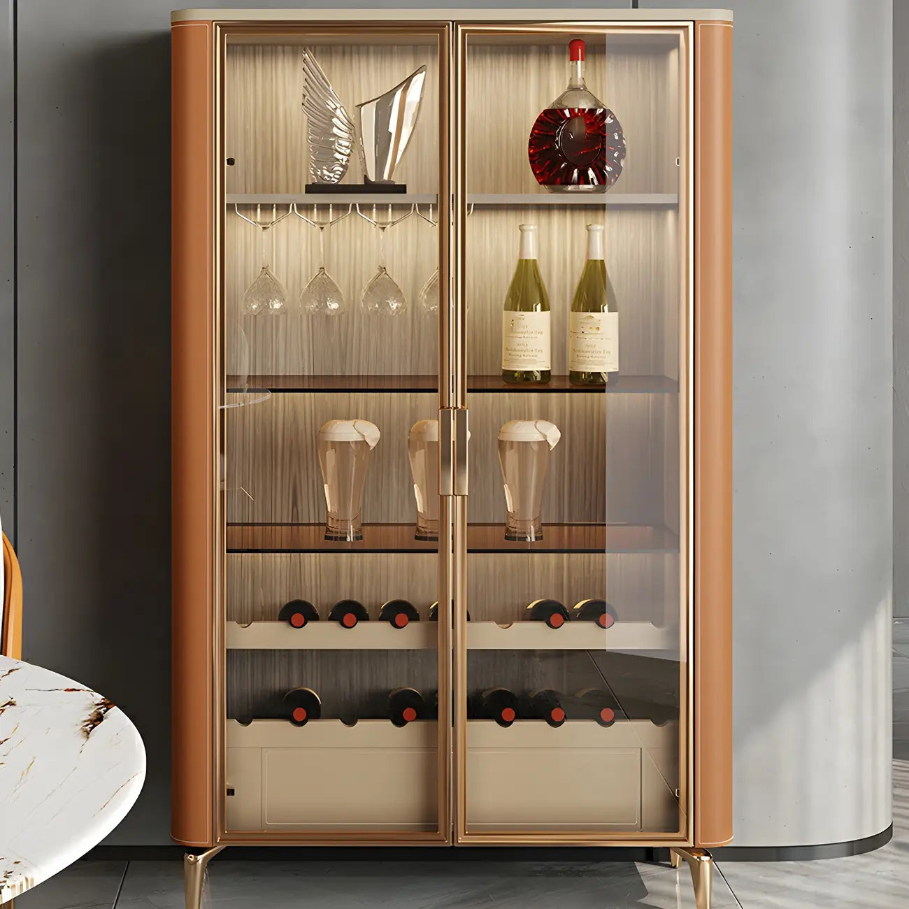 Vitrine à vin élégante en bois orange avec porte vitrée