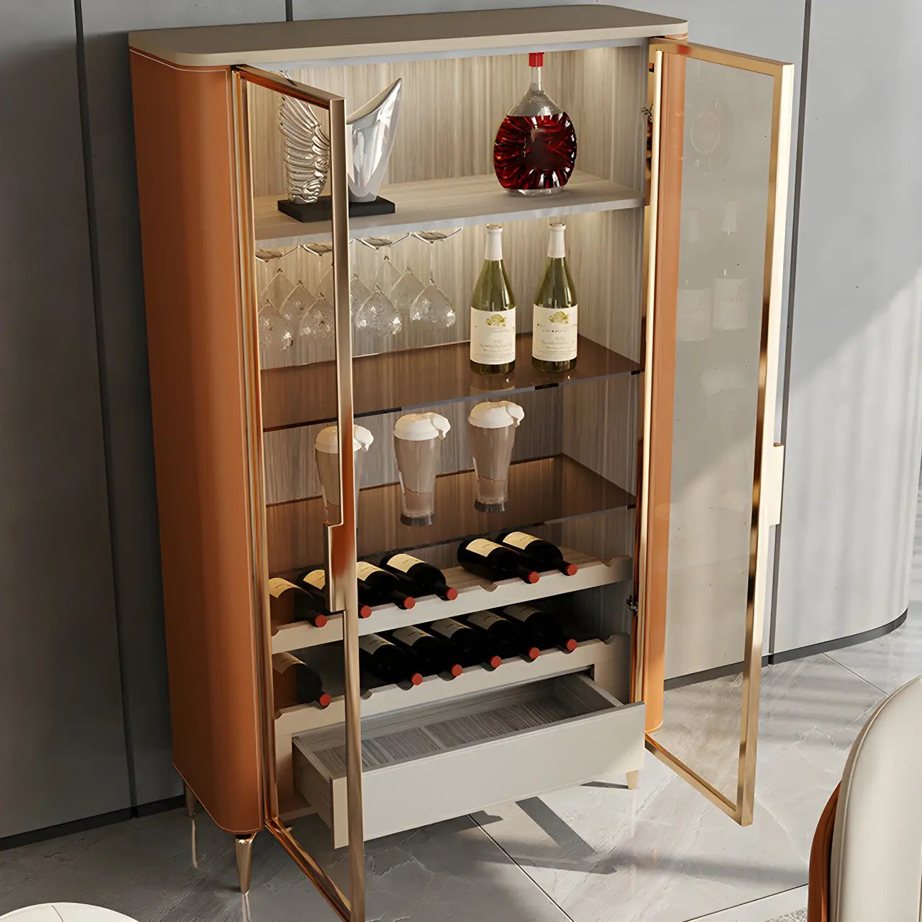 Vitrine à vin élégante en bois orange avec porte vitrée