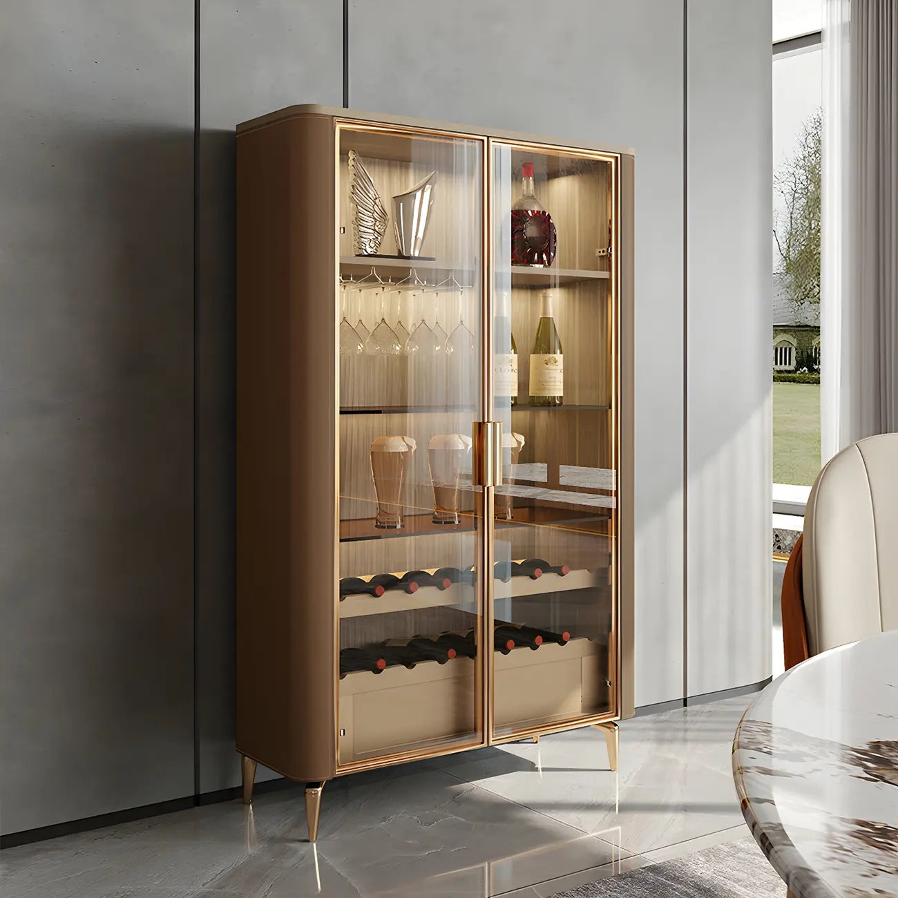 Vitrine à vin élégante en bois orange avec porte vitrée