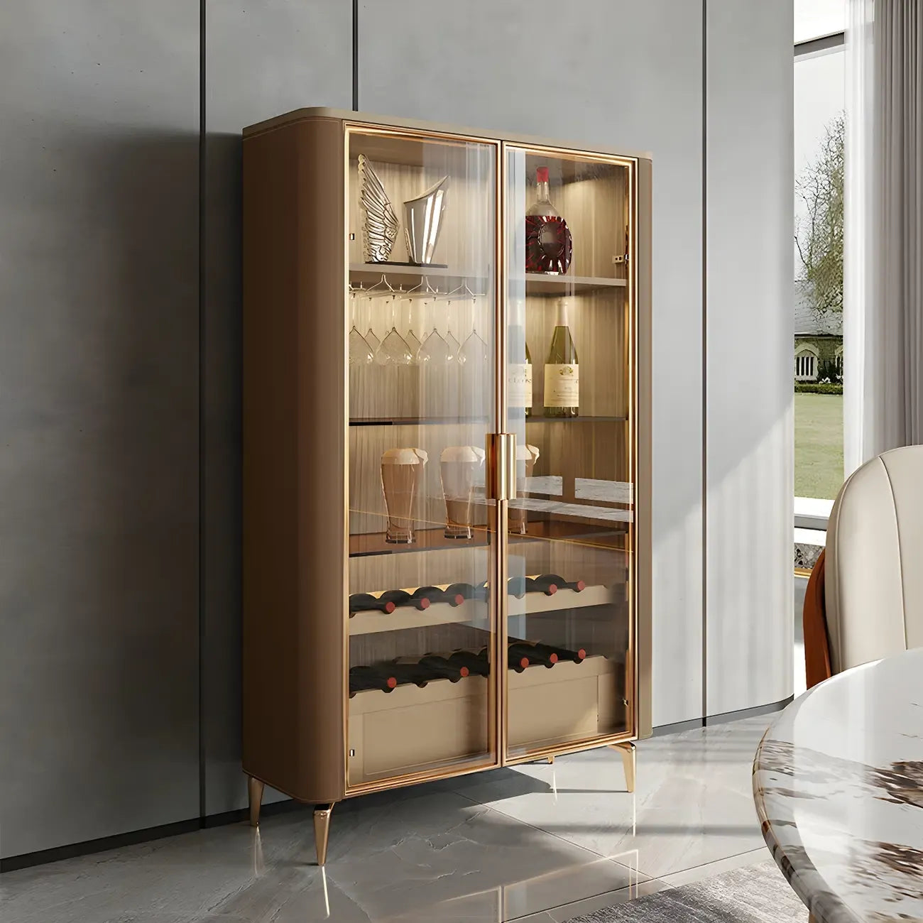Vitrine à vin élégante en bois orange avec porte vitrée