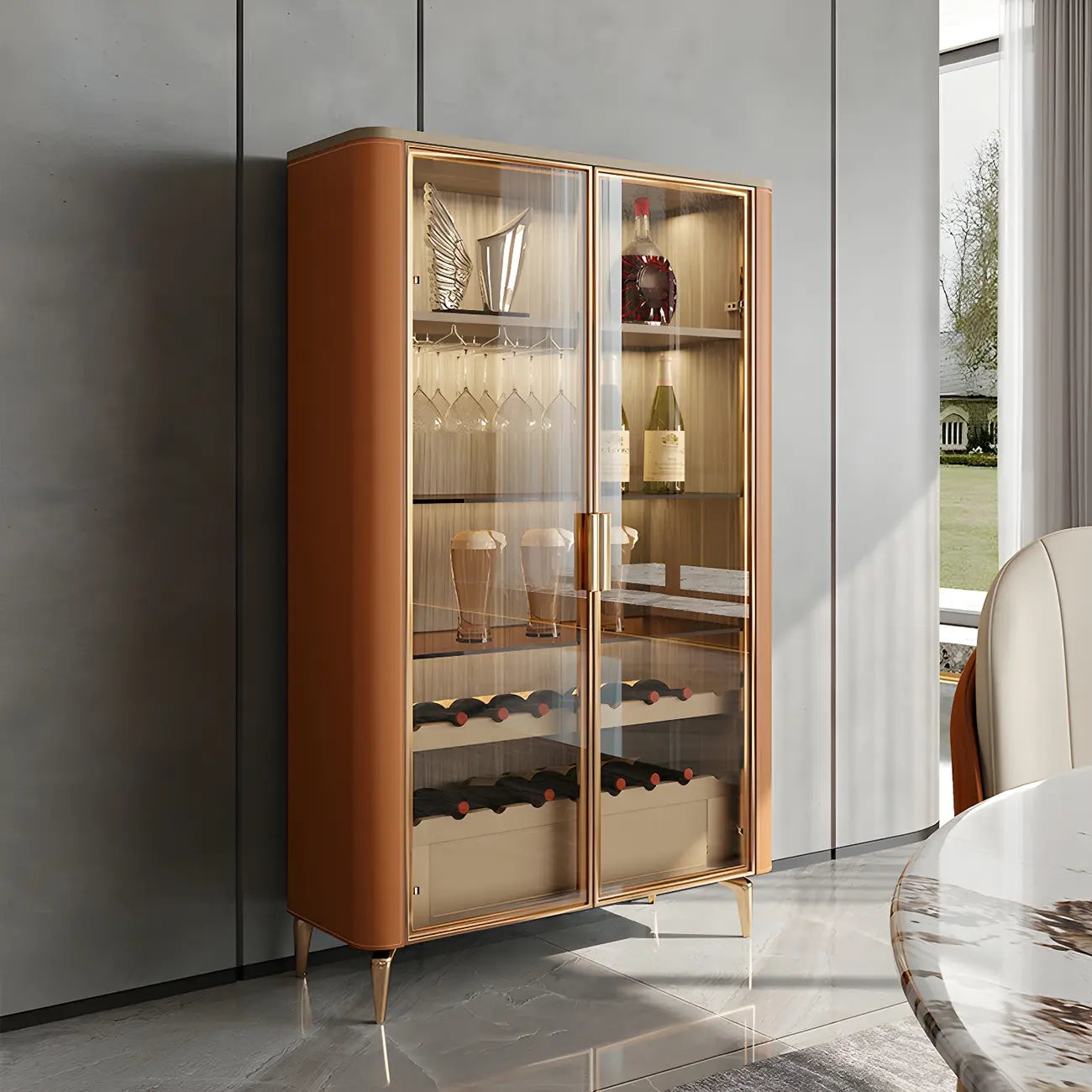 Vitrine à vin élégante en bois orange avec porte vitrée
