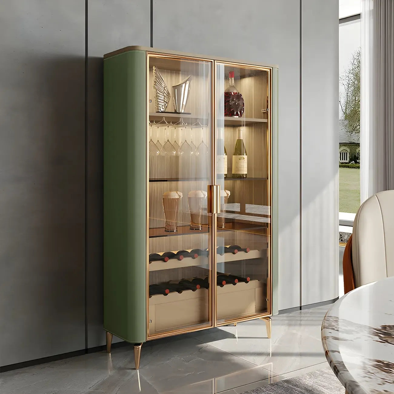 Vitrine à vin élégante en bois orange avec porte vitrée