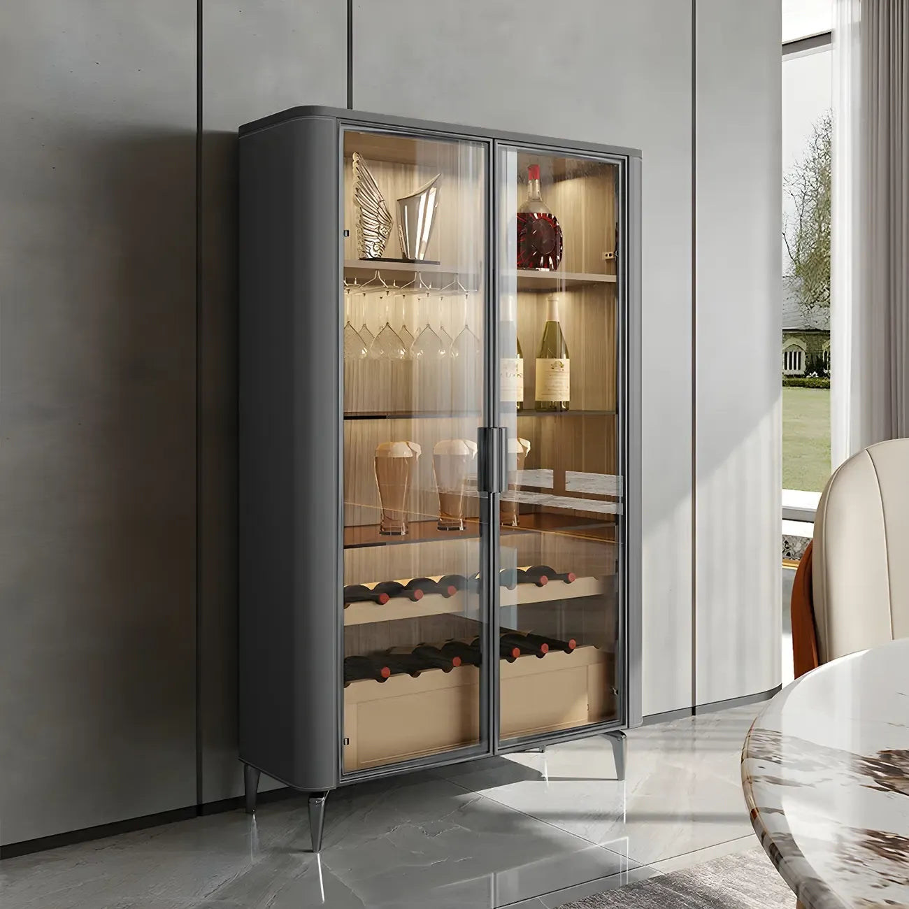 Vitrine à vin élégante en bois orange avec porte vitrée