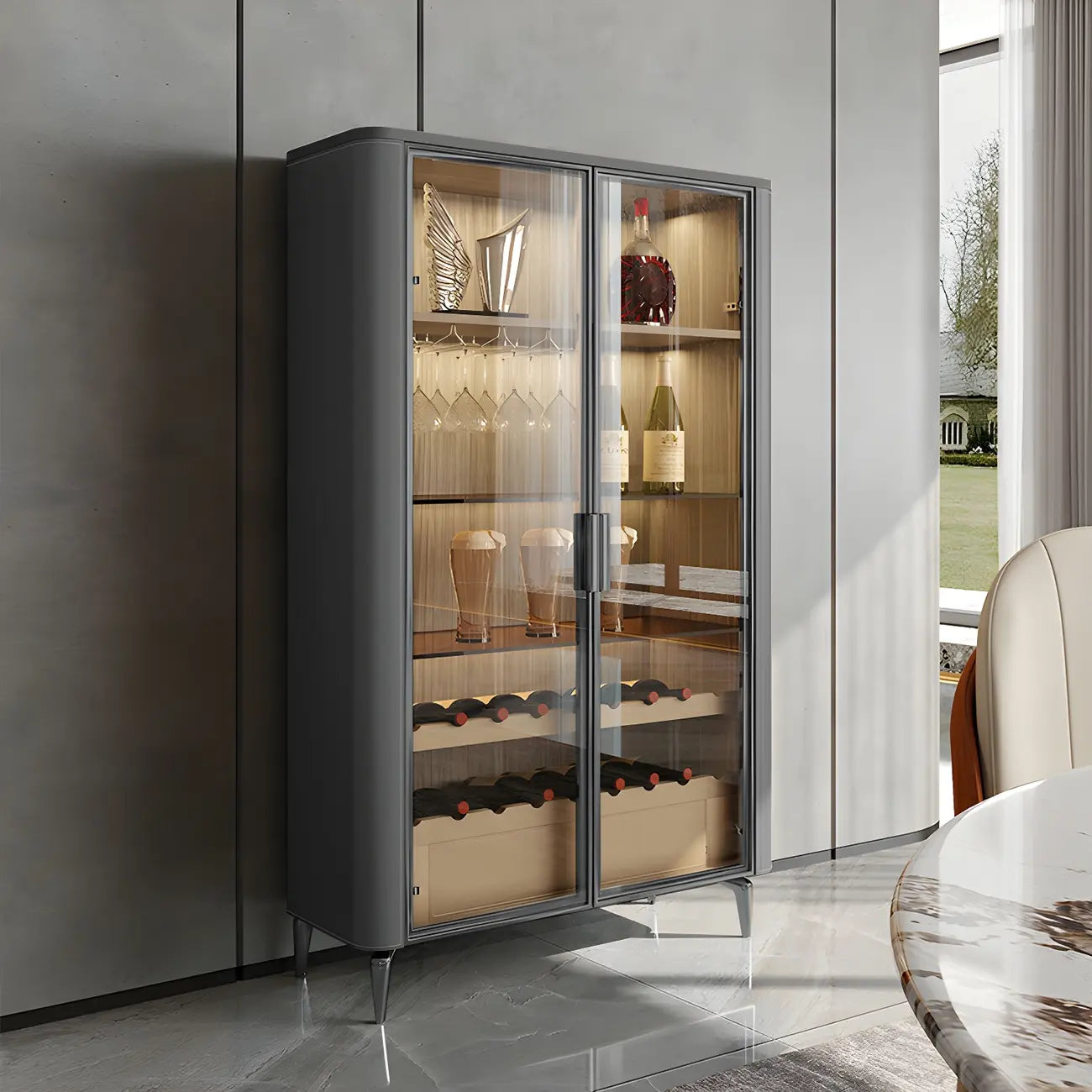 Vitrine à vin élégante en bois orange avec porte vitrée