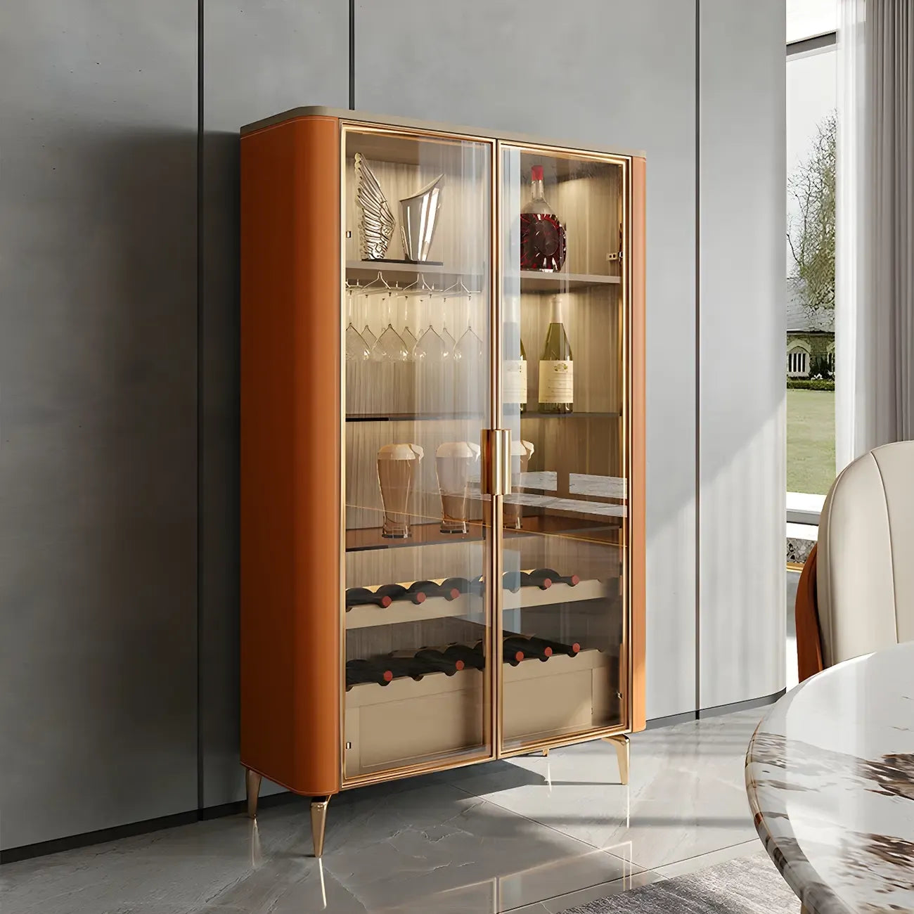 Vitrine à vin élégante en bois orange avec porte vitrée