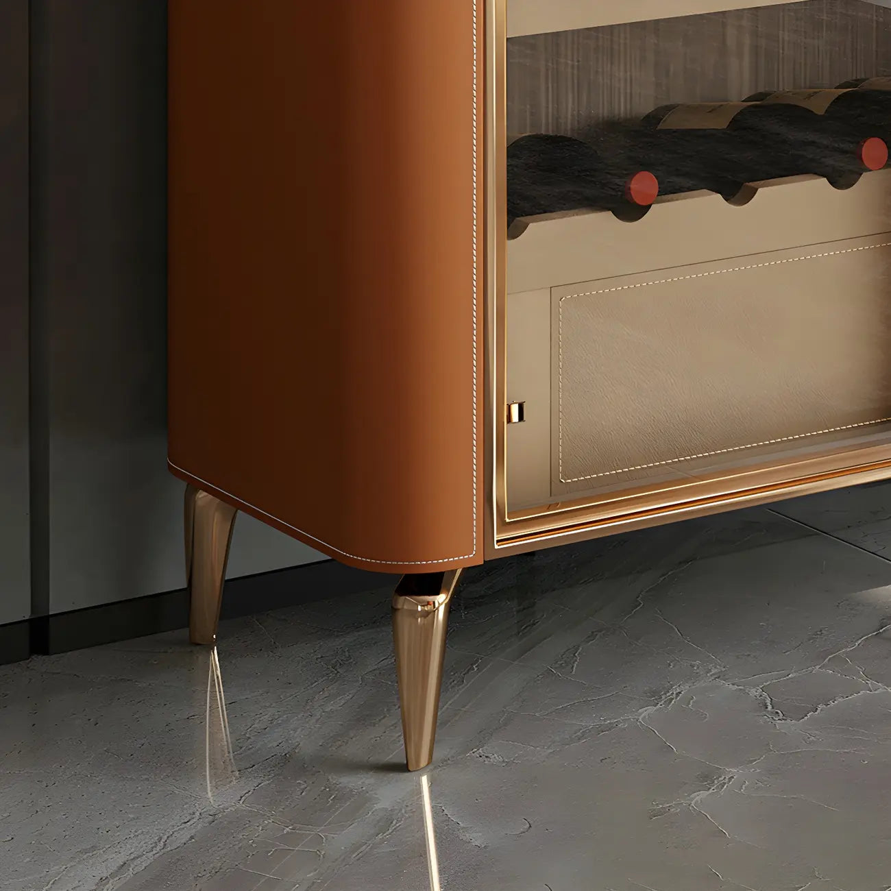 Vitrine à vin élégante en bois orange avec porte vitrée