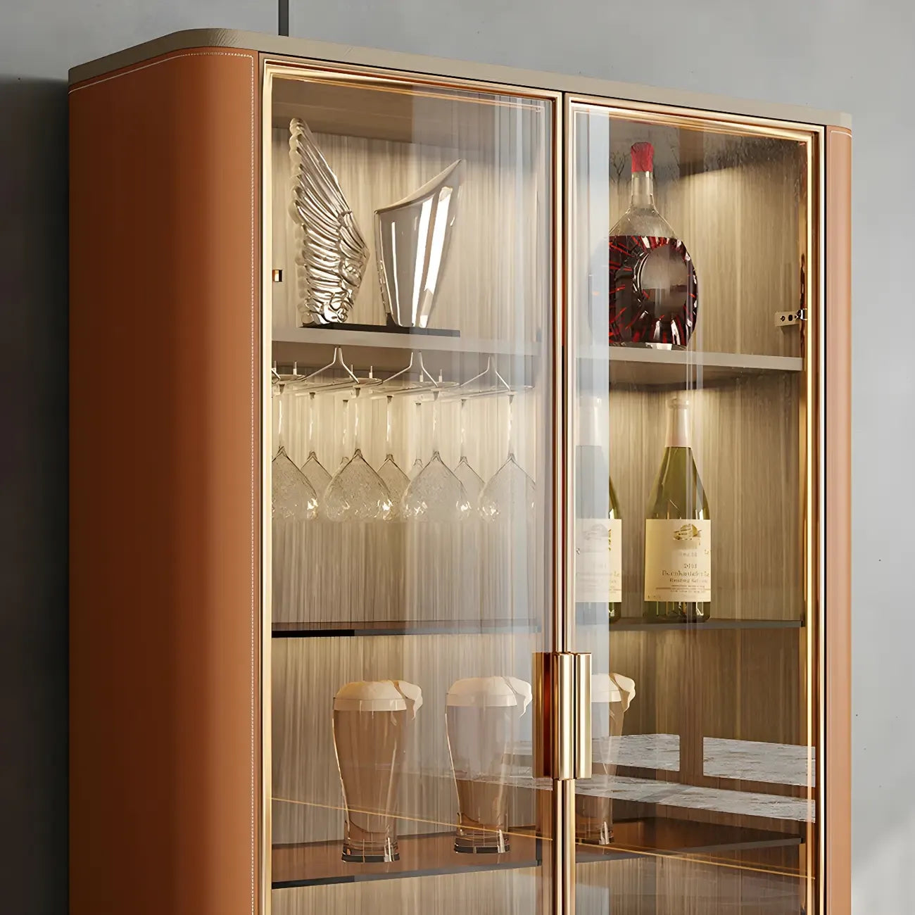 Vitrine à vin élégante en bois orange avec porte vitrée