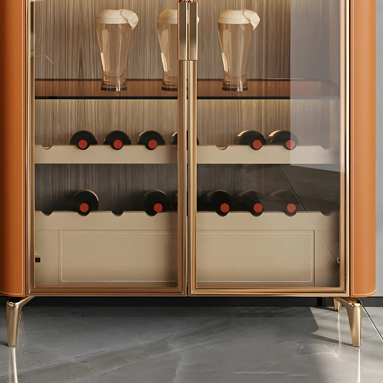 Vitrine à vin élégante en bois orange avec porte vitrée