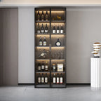 Cave à vin à plusieurs niveaux avec porte vitrée, plancher en bois et éclairage intégré