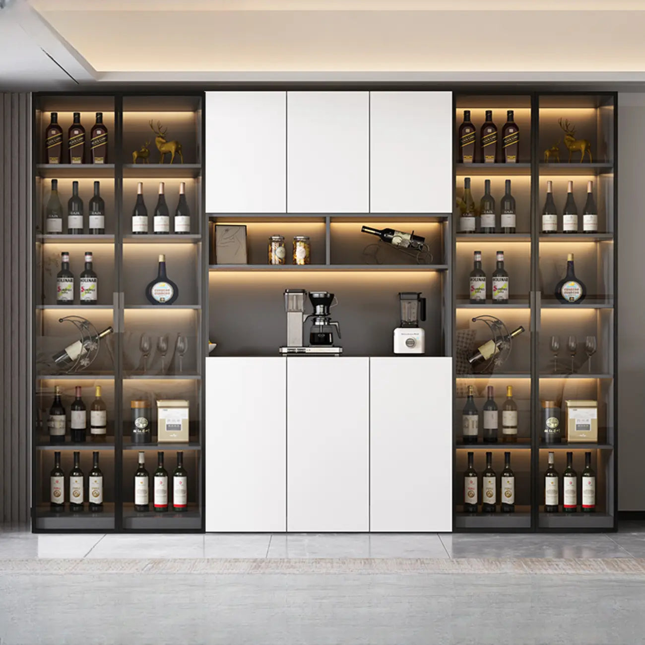 Cave à vin à plusieurs niveaux avec porte vitrée, plancher en bois et éclairage intégré