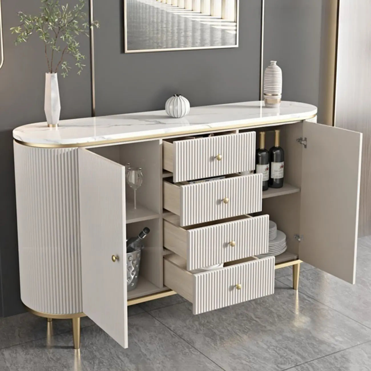 Armoire de rangement ovale imperméable Glam Stone avec 4 tiroirs
