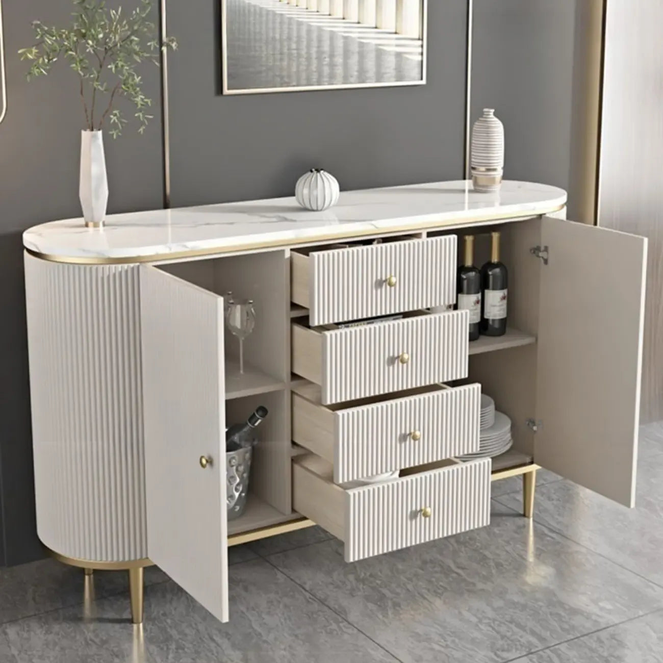 Armoire de rangement ovale imperméable Glam Stone avec 4 tiroirs