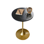 Table d'appoint ronde minimaliste en bois brun avec piètement en métal
