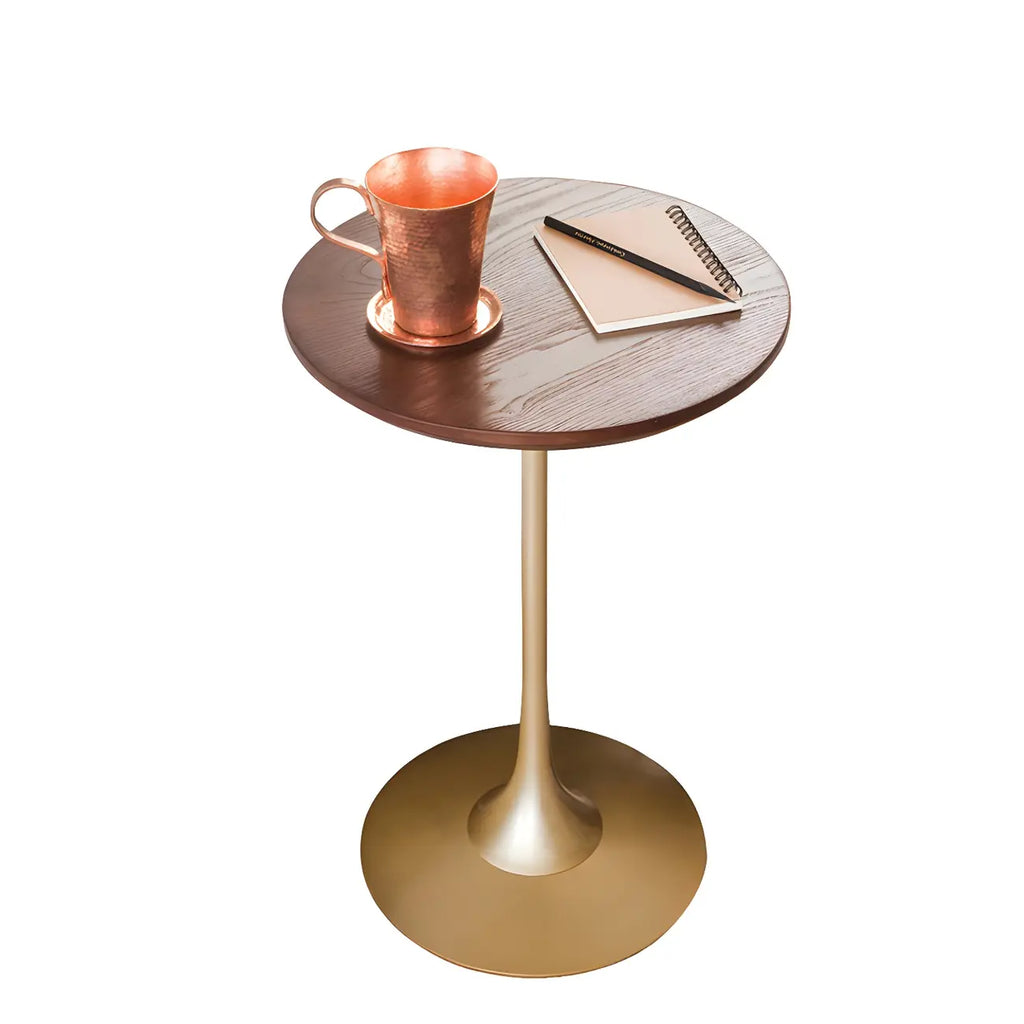 Table d'appoint ronde minimaliste en bois brun avec piètement en métal