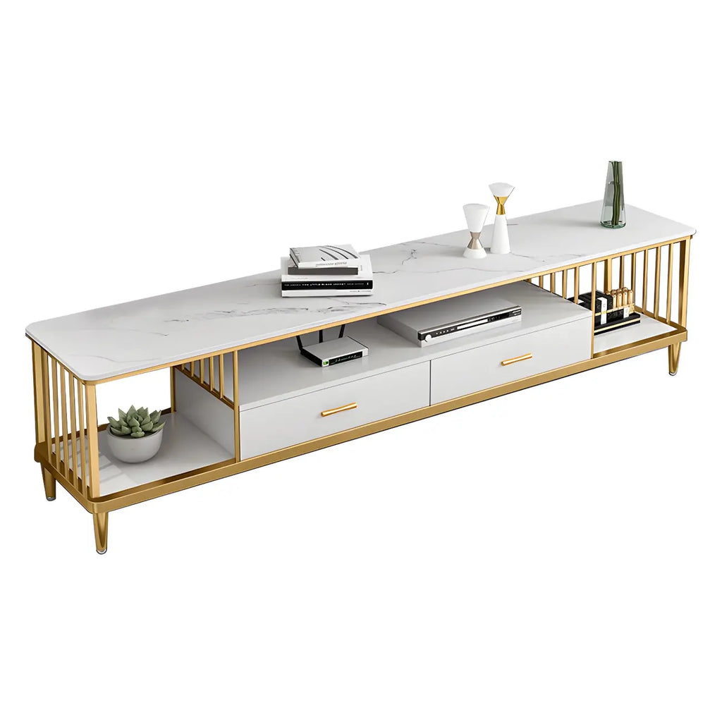 Meuble TV de luxe en métal blanc avec rangement ouvert et tiroirs