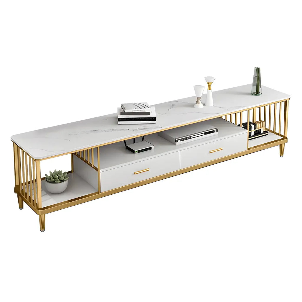 Meuble TV de luxe en métal blanc avec rangement ouvert et tiroirs