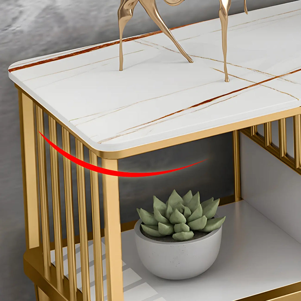 Meuble TV de luxe en métal blanc avec rangement ouvert et tiroirs