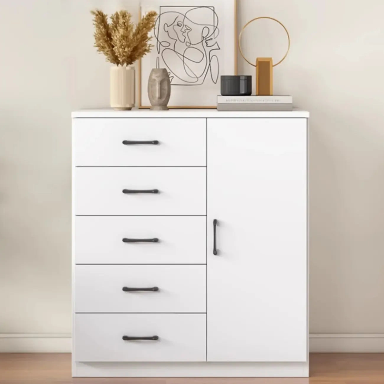 Armoire de rangement blanche minimaliste avec fermeture amortie et tiroirs