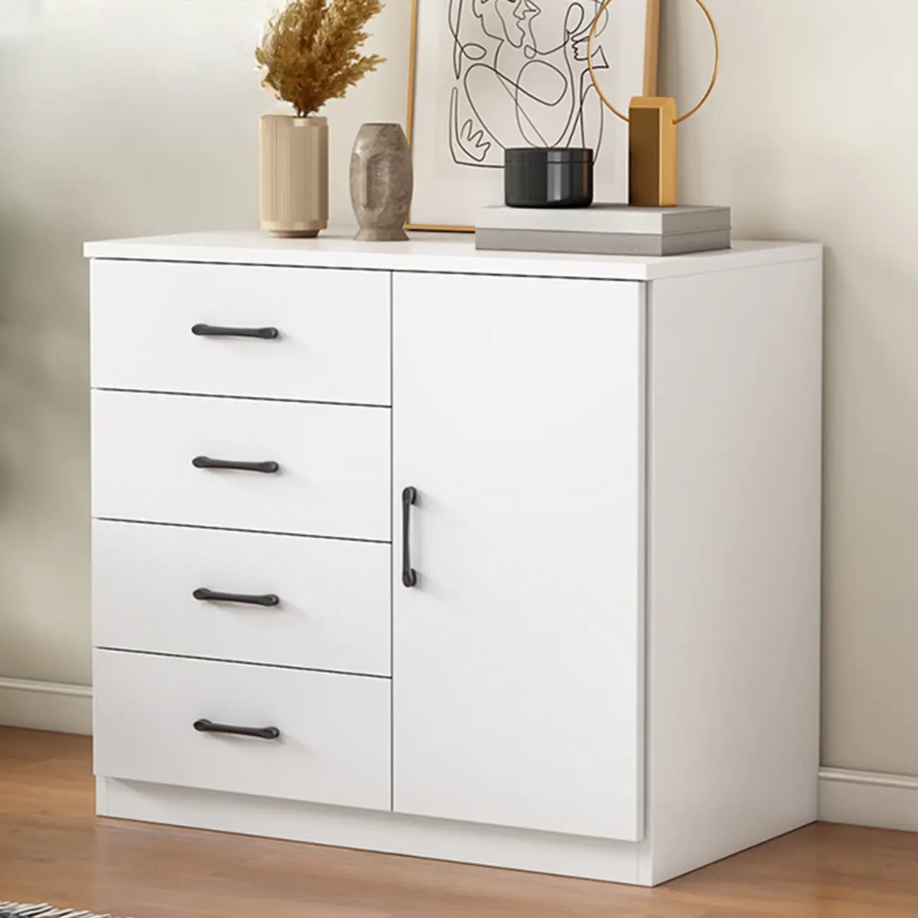 Armoire de rangement blanche minimaliste avec fermeture amortie et tiroirs
