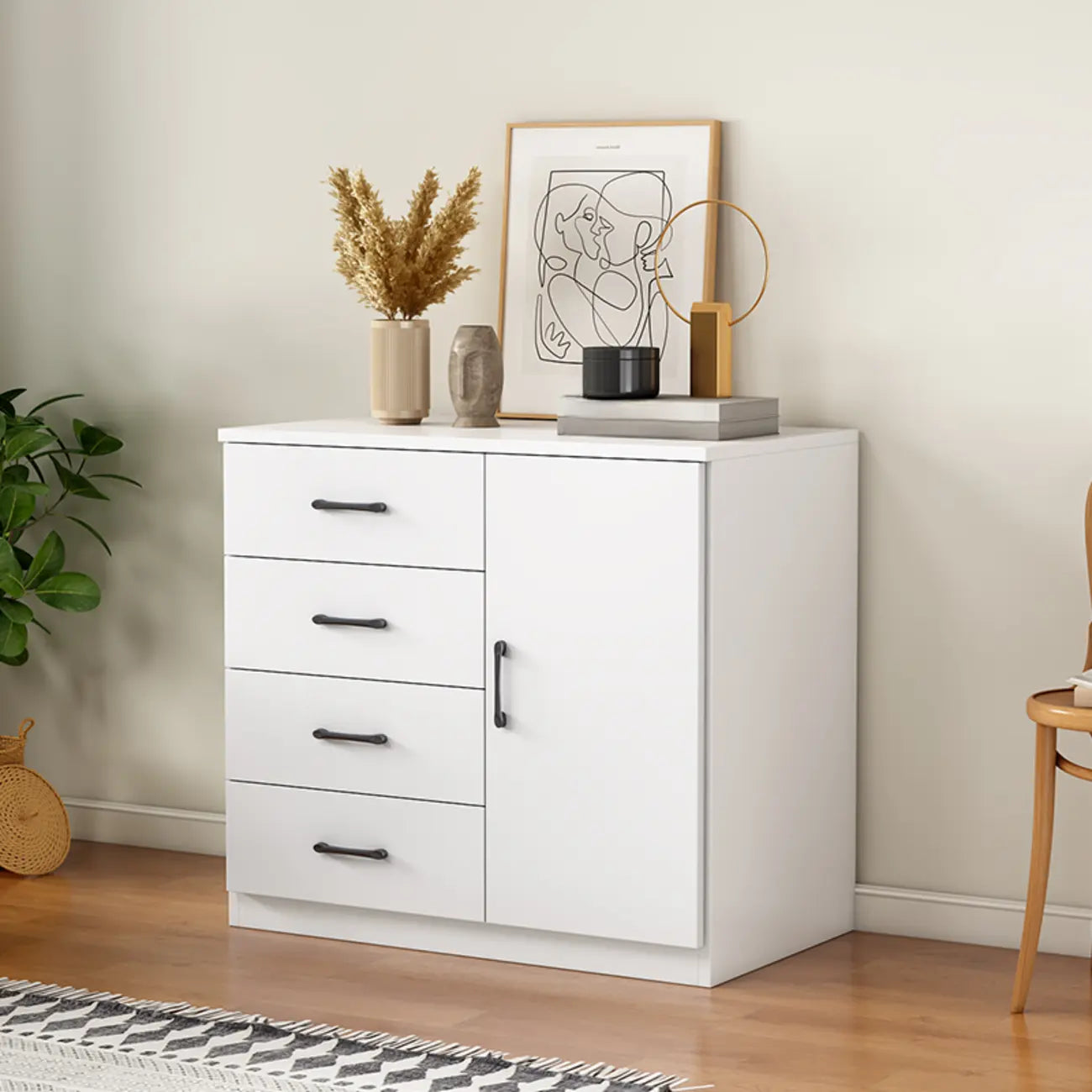 Armoire de rangement blanche minimaliste avec fermeture amortie et tiroirs