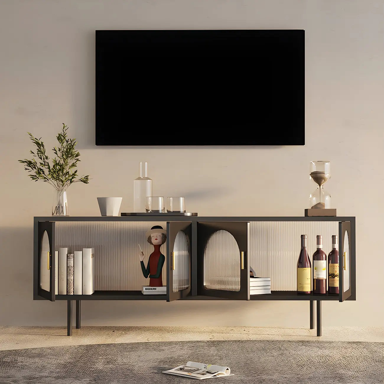 Meuble TV minimaliste en métal avec rangement et étagères pour usage domestique