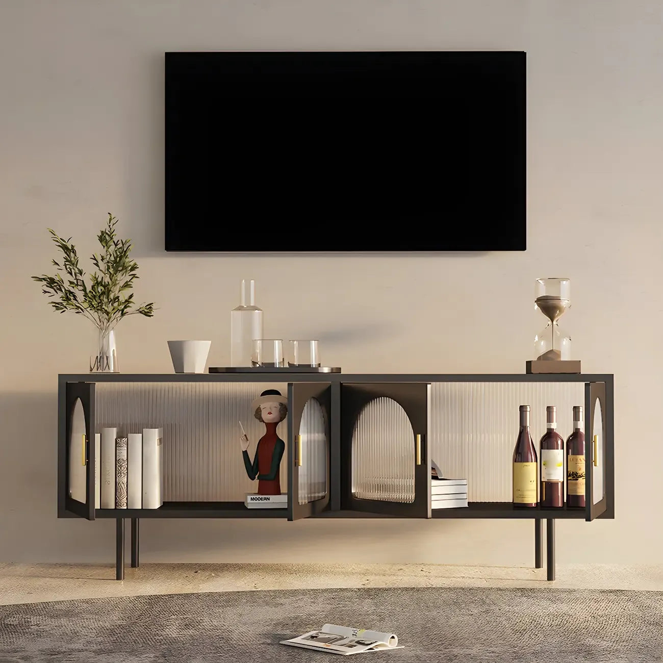 Meuble TV minimaliste en métal avec rangement et étagères pour usage domestique
