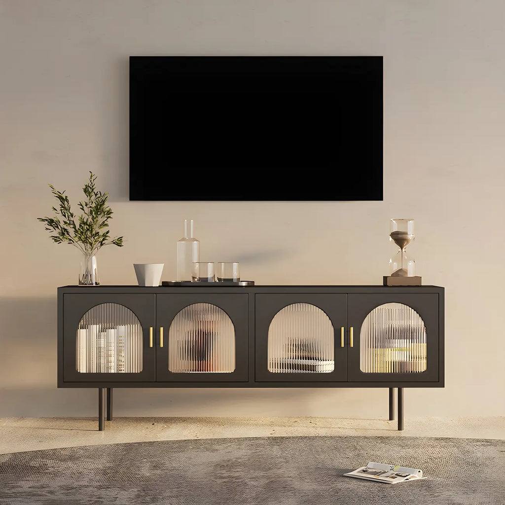 Meuble TV minimaliste en métal avec rangement et étagères pour usage domestique