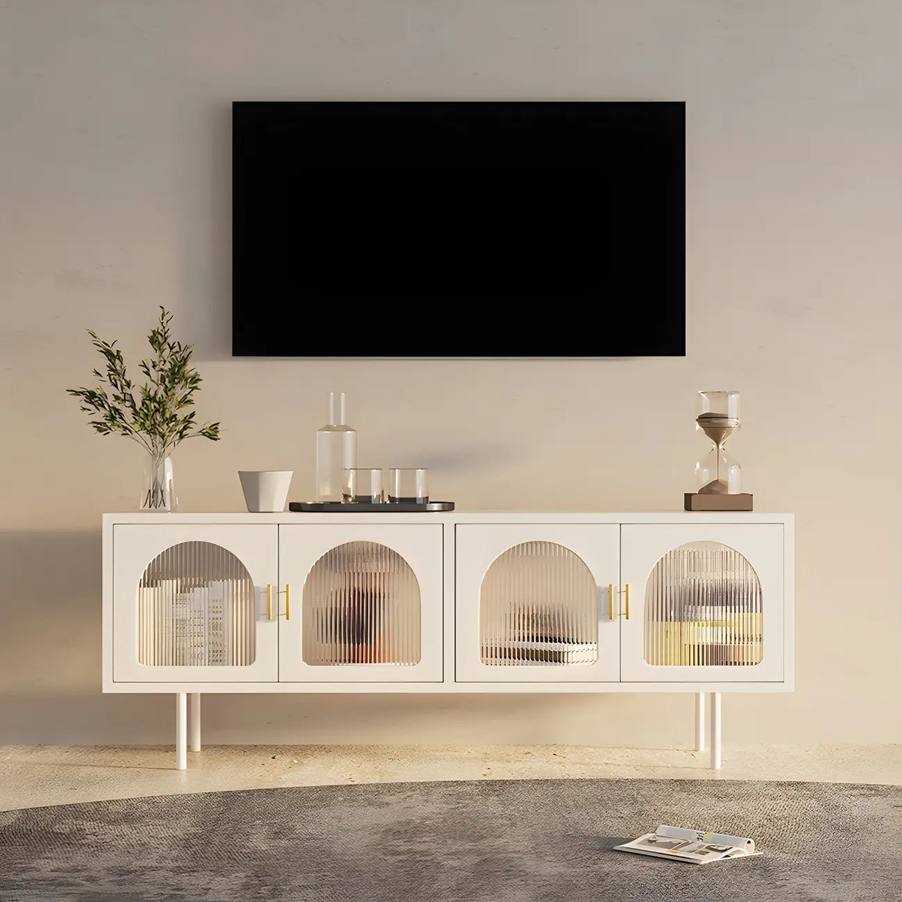 Meuble TV minimaliste en métal avec rangement et étagères pour usage domestique