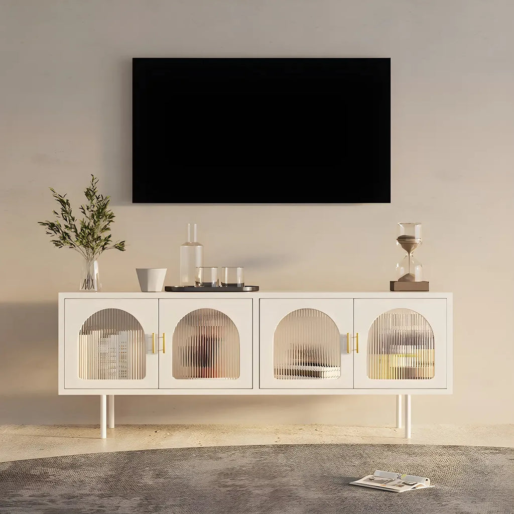 Meuble TV minimaliste en métal avec rangement et étagères pour usage domestique