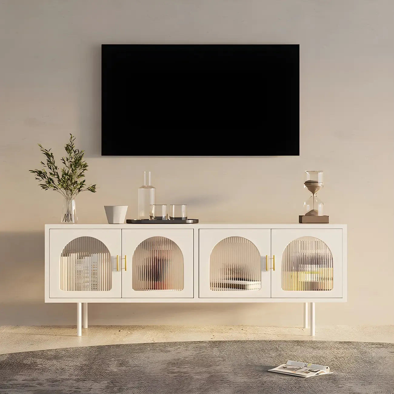 Meuble TV minimaliste en métal avec rangement et étagères pour usage domestique