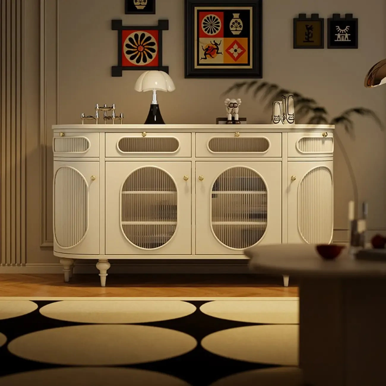 Credenza ovale 55 L in bianco/nero francese con ante in vetro
